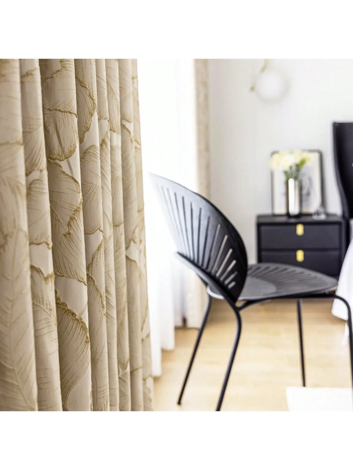 1PC Beige Embossed Leaf Pattern Light Blocking Curtain for Luxury Villa Living Room Bedroom Window