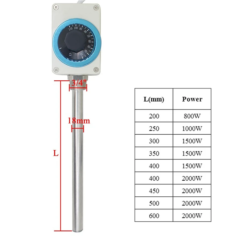 220V 800-2000W Radiator DN20 heating tube adjustable temperature zone temperature control electric heating rod stainless steel