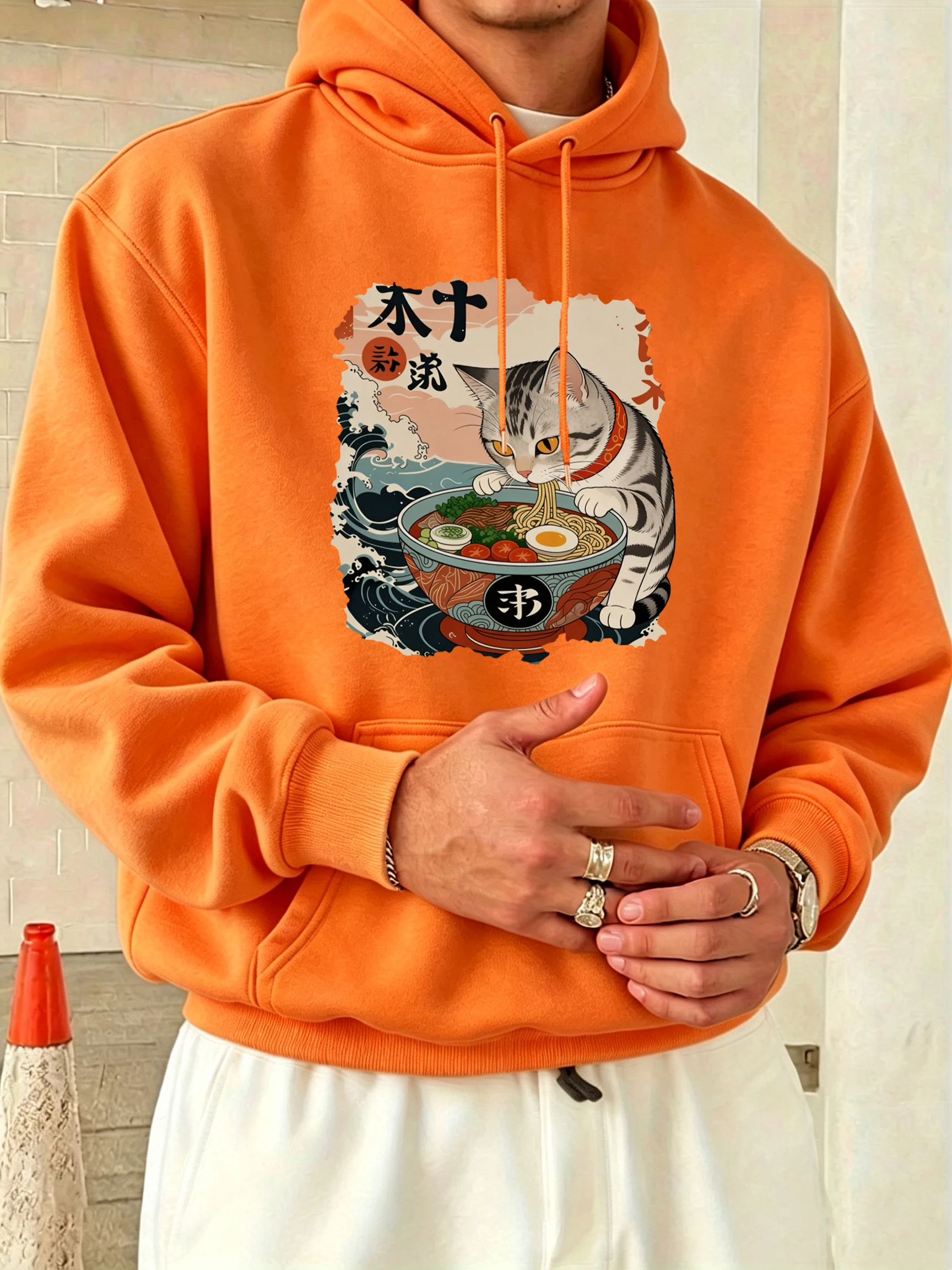 A Cat That Likes To Eat Noodles Print Men Daily Basic Hoody Sport Fleece Pullover Pocket Casual Long Sleeve Loose Street Clothes