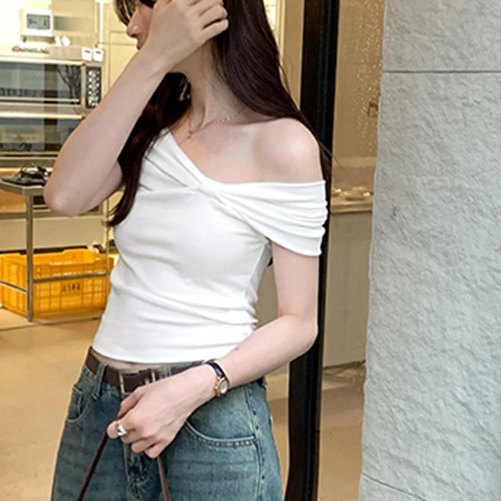 

Повседневный топ с плиссировкой и открытыми плечами, женская модная одежда для повседневной носки, темно-синий