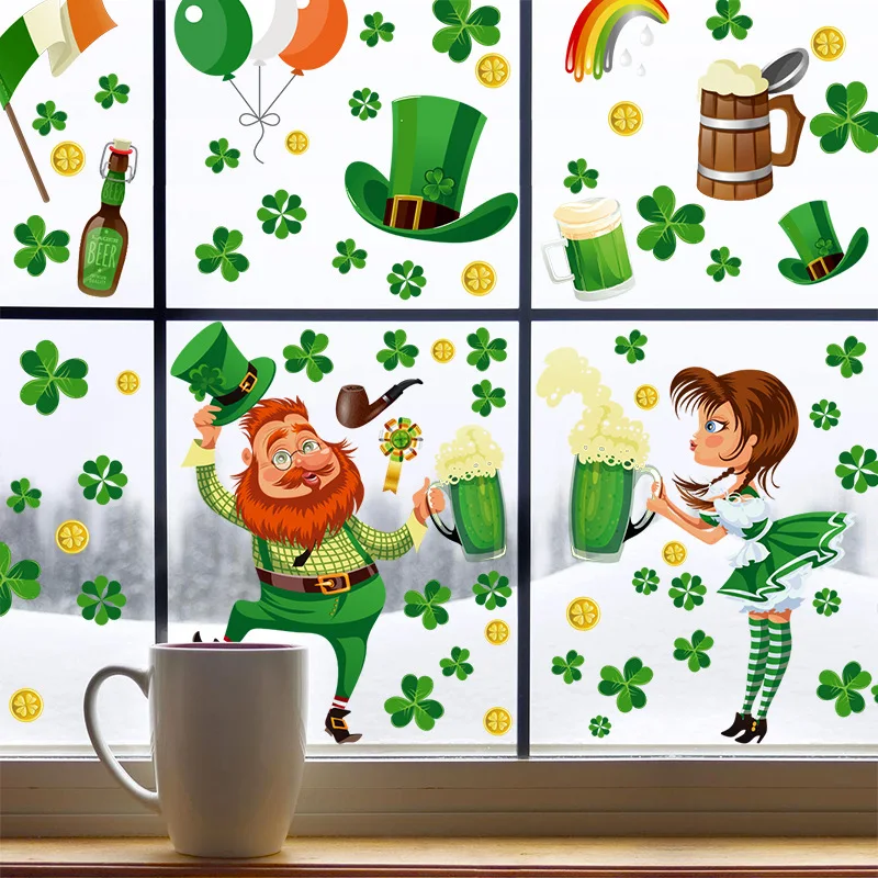 Irish Festival Character Stickers, Static Window Stickers, Lucky Straw Shamrock, Happy St Patrick's Day, 9Sheets