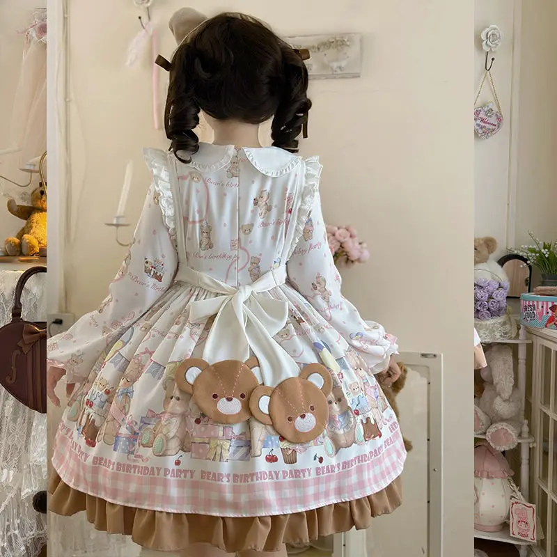 MAGOGO Japanese Kawaii Lolita Long Sleeve Dress Women Autumn Sweet Cute Cartoon Printed Ruffles Bow Apron Princess Party Dresses