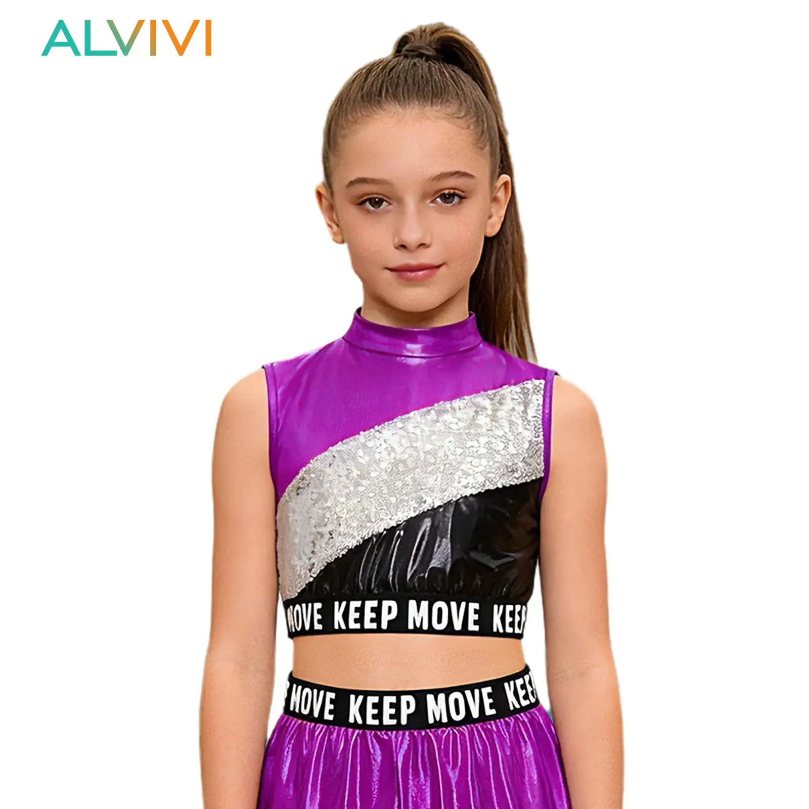 

Детский топ для девочек с цветными блоками, металлический, укороченный, для хип-хопа и джазовых танцев, с принтом-надписью, эластичным низом и пайетками, костюм для выступлений