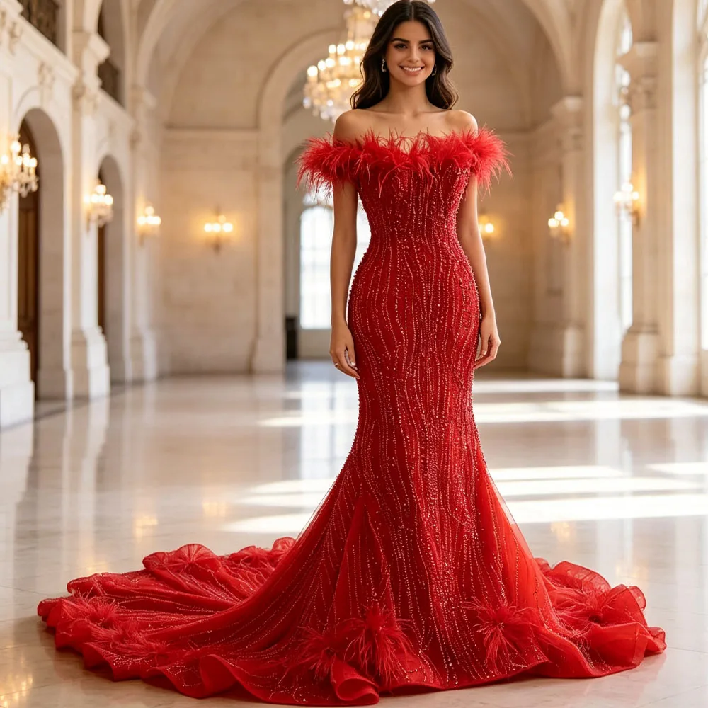 Red Evening Dress Feather Off The Shoulder Lace Up Back Beaded Pearl Mermaid Prom Wedding Guest Dres