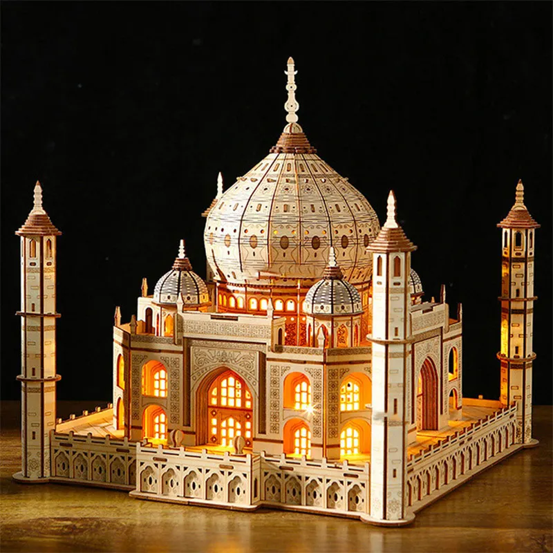 3D Puzzle Wooden House Model Royal Castle Taj Mahal With Light Wood Assembly Toy For Kids Adult DIY Model Kits for Gifts