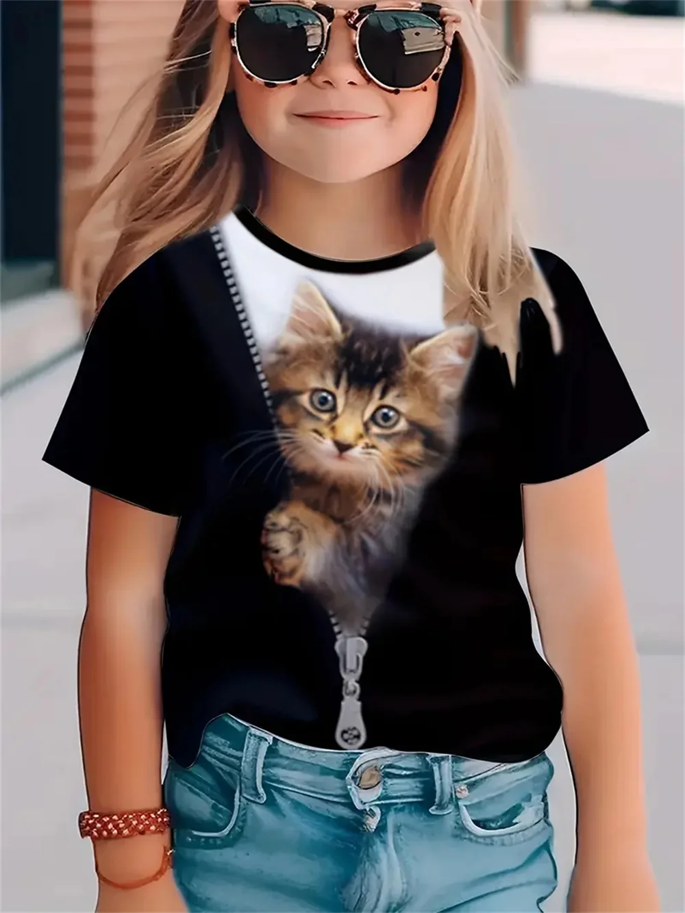 女の子用半袖Tシャツ,3Dプリント,漫画,猫,漫画,カジュアル,ファッション,夏,2025