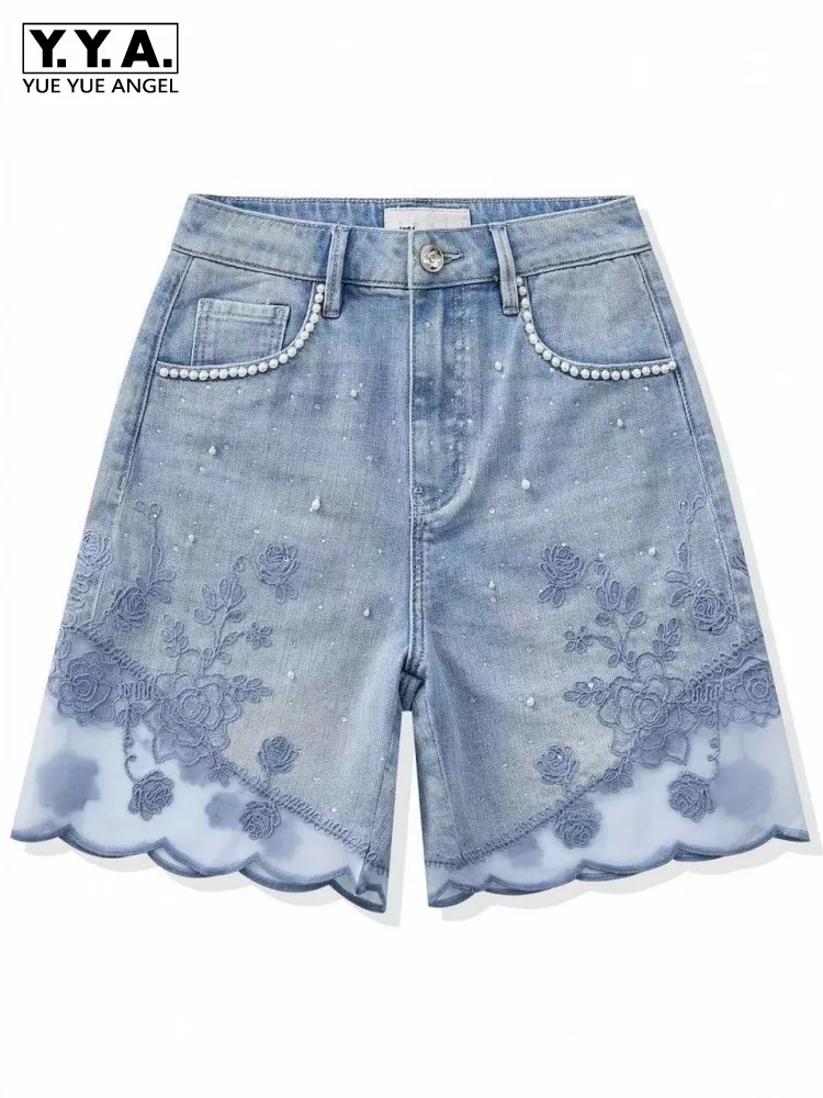 New Designer Women Summer Gauze Spliced Floral Embroidery Shorts Fashion Elegant Ladies Casual Denim Shorts Pearls Beading Jeans
