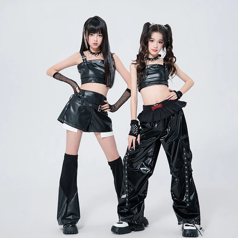 Coole Hip Pop Dance Kostüme Mädchen Gruppe Samba Dance Outfit K POP Street Bühnenkleidung Schwarzes Leder Jazz Dance Kostüm XH2609