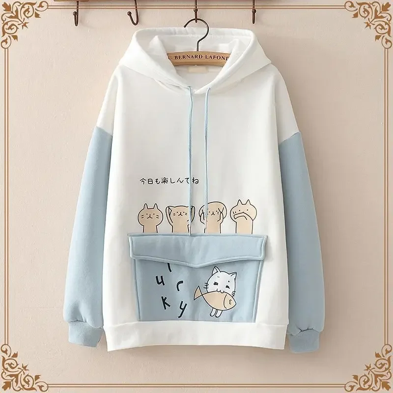 2025 New Casual Cat Printed Hoodie Ears Women\'s Teen Girls Kawaii Clothes Color Block Korean Kpop Pullover Sweatshirts Sudaderas