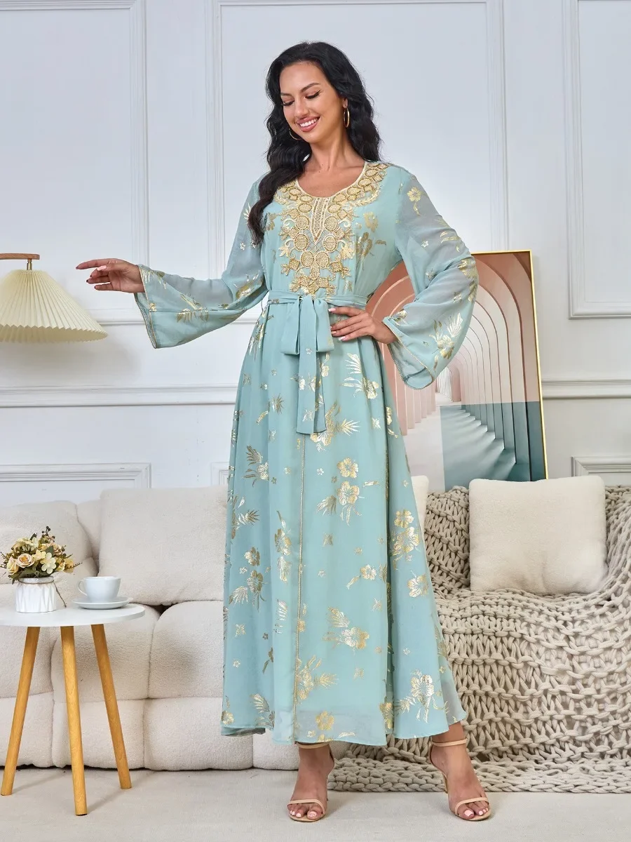 Elegant Muslim Party Dress Women Abaya Eid Ramadan Print Vestidos Largos Dubai Robe Jalabiya Long Dress Belt Morocco Kaftan 2024