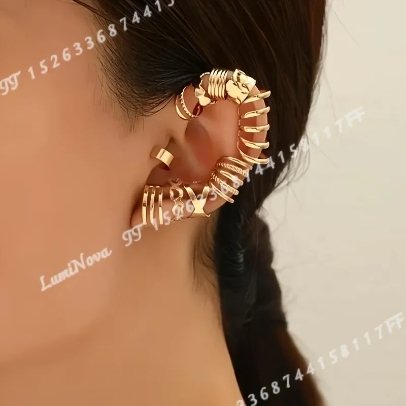 10pcs Fashion Metal Color Gothic Punk Style Exaggerated Metal Ear Cuffs
