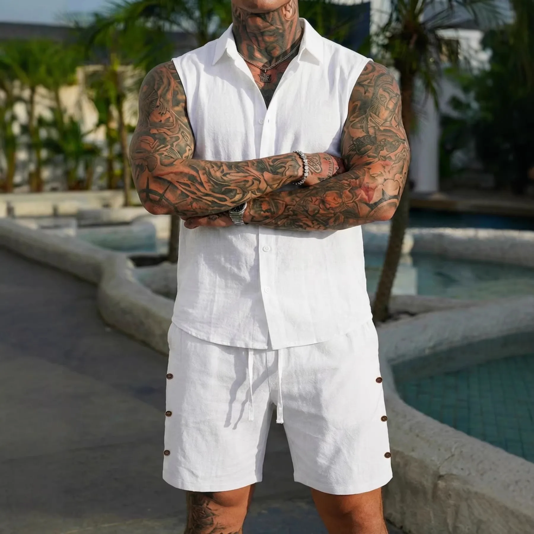 Men's Sleeveless Shirt And Shorts Set Casual Sportswear Six-Part Pants Polyester Fiber Four Seasons Universal Summer New Arrival