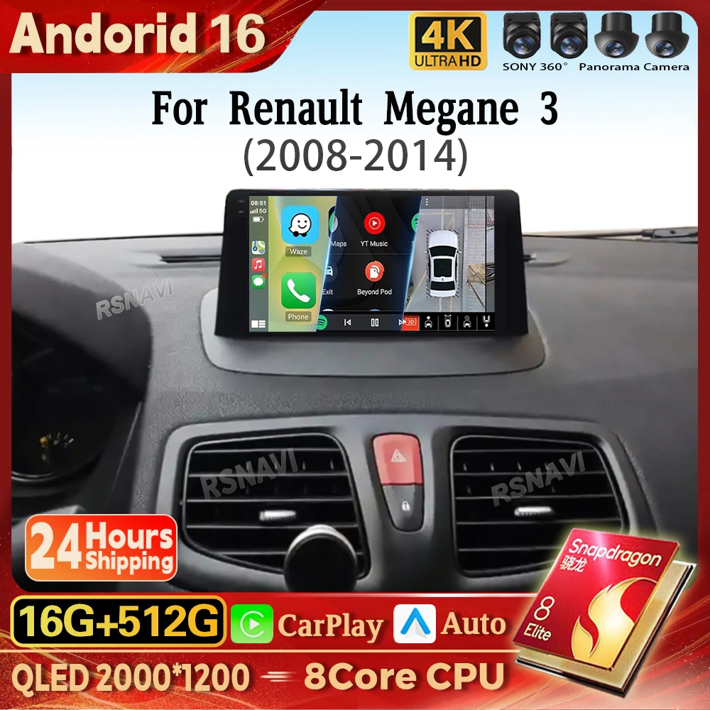 Rádio Automotivo Multimídia Android 16 Carplay Auto para Renault Megane 3 Fluence Samsung SM3 2008 - 2015, Unidade Central Estéreo 2din