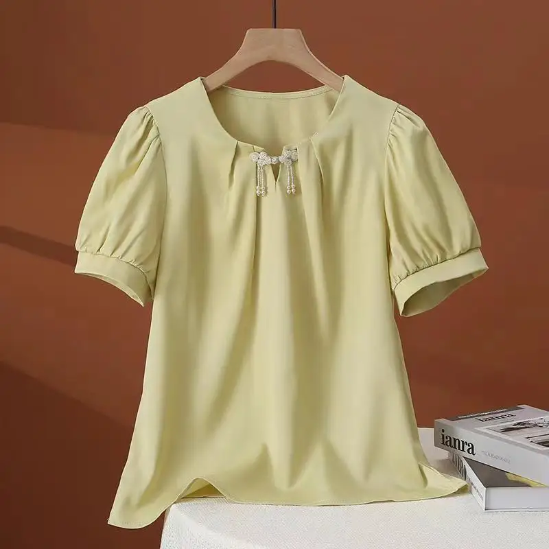 Crew Neck Summer Women\'s Solid Color Pullover Lantern Short Sleeve Korean T-shirt All-match Flattering Blouse Office Lady Tops