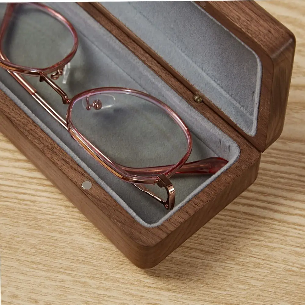 Retro Wood Glasses Case Magnetic Buckle Flocking Inside Wood Eye Glass Holder Anti-Pressure Sturdy Walnut Wood Storage Box
