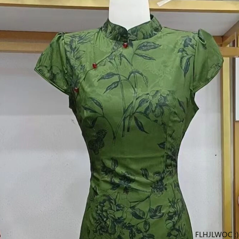 Estilo chinês Chi-Pao Collar Slim Fit Vestidos de Camisa, Vestido Lápis Verde, Vestido Lápis Dividido, Vintage Retro, Elegante, Cheongsams Francês