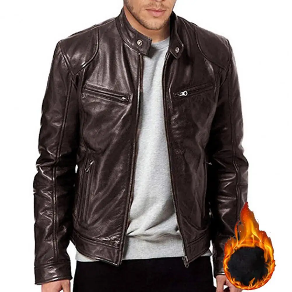 

Men Cowhide Genuine Leather Jacket Solid Color Stand Collar Zipper Slim Thick Faux Leather Warm Plush Motorcycle Coat Outerwear