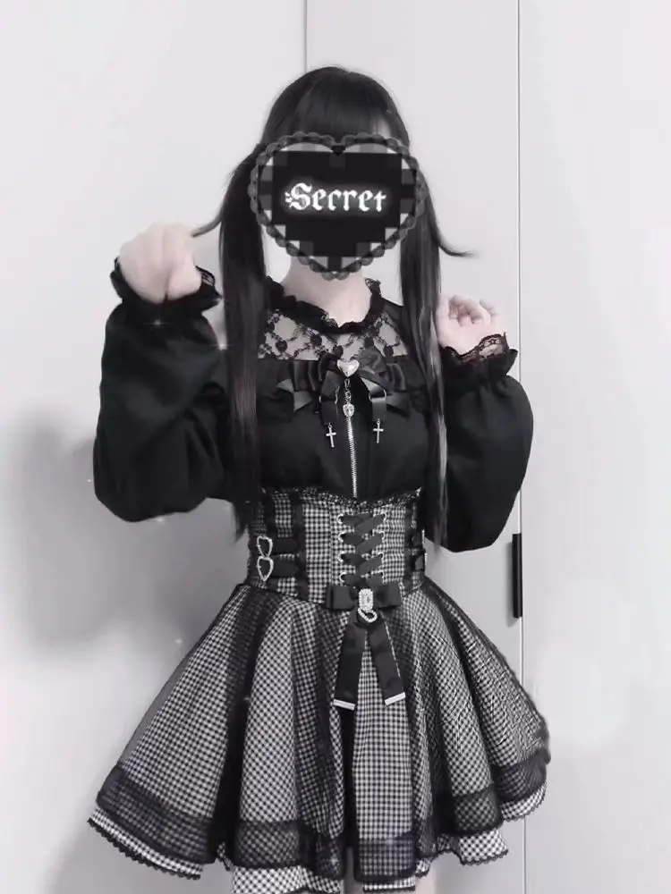 

Комплект женский: кружевная блузка с открытыми плечами и бантом, юбка в клетку с завышенной талией, в стиле японской готики Y2K Лолита, для тематических вечеринок, униформа JK