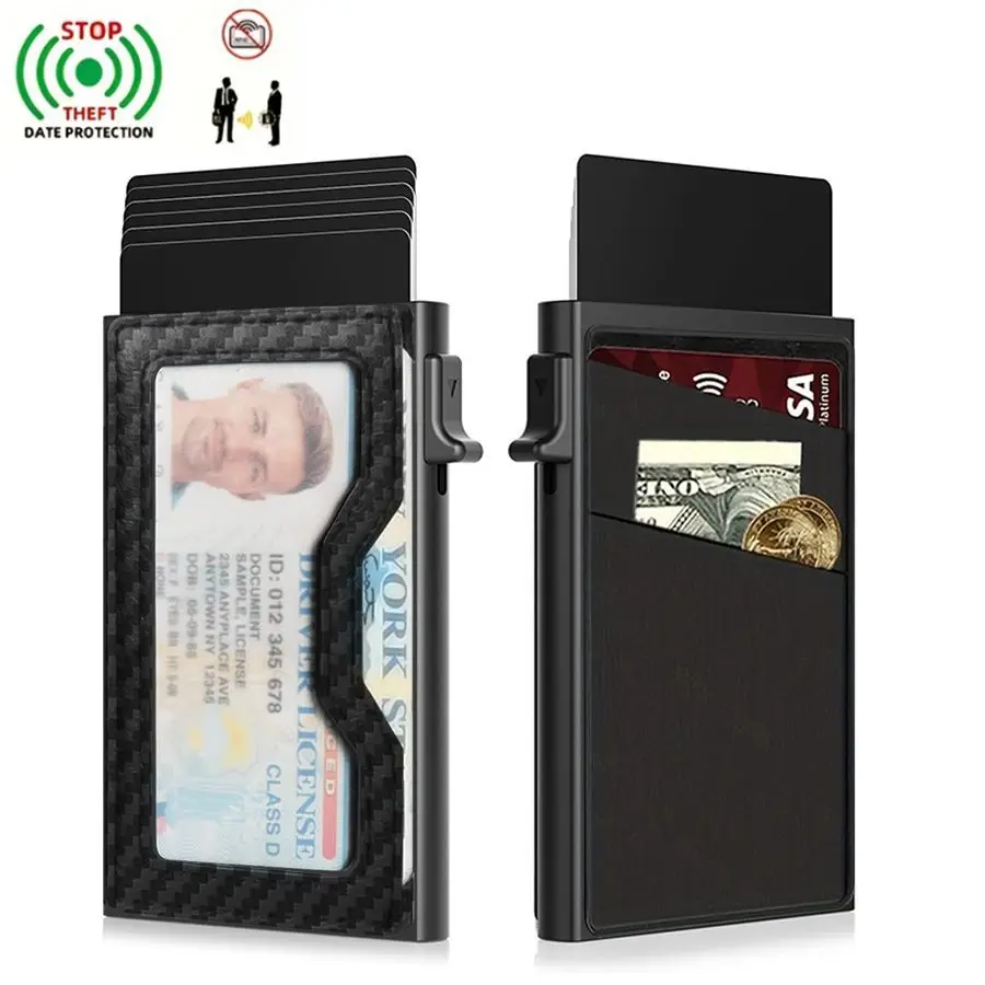RFID Blocking Pop Up Card Holder, Slim Front Pocket Unisex Wallet with ID Window, Minimalist Credit ID Card Case for Men Women