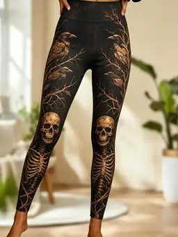 Women Mid‑Rise Fleece Lined Leggings Halloween Skull Red Rose Thorn Print Slim Stretch Thermal Pants