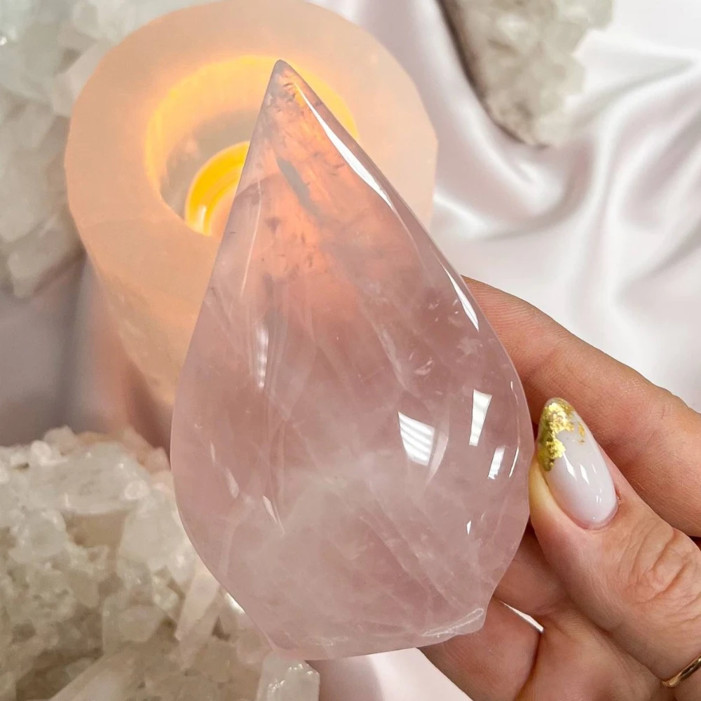 1pc Natural Rose Quartz Waterdrop Ornament, Exquisite Tabletop Decoration, Home/Office Decor,, Holiday Gift Item