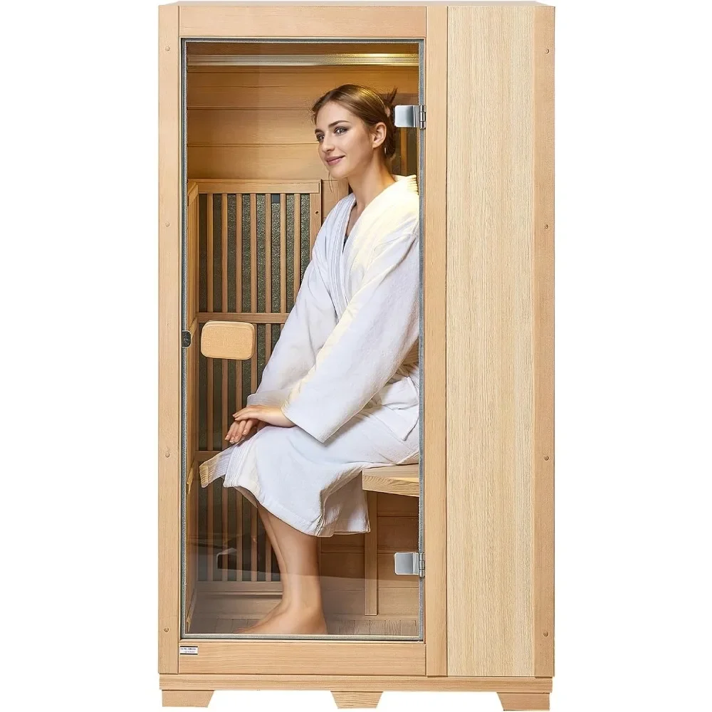 Far Infrared Wooden Sauna, Room Home Sauna Spa for One Person, 1140W Low EMF Far Infrared Hemlock Wood Sauna with Tempered