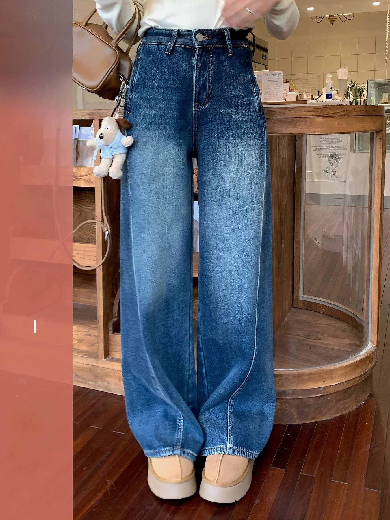 

Ретро-джинсы с широкими штанинами на флисовой подкладке, зимние женские джинсовые брюки с высокой талией, на молнии, повседневные, удобные, из хлопка