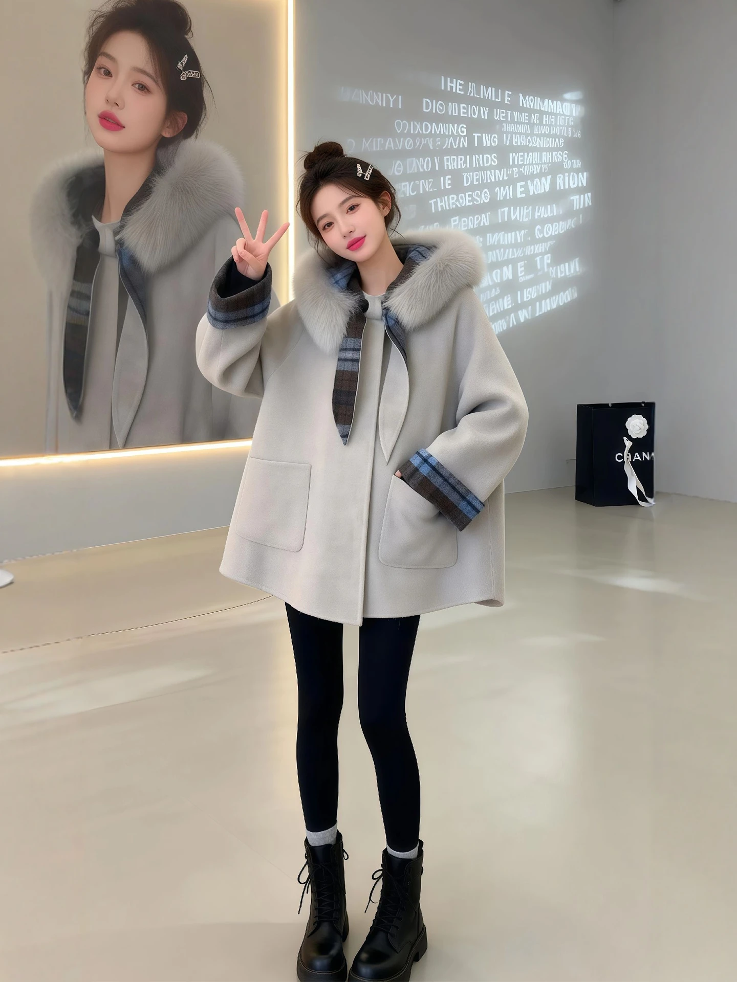 

Женское зимнее шерстяное пальто с капюшоном и большим меховым воротником, свободного кроя, больших размеров, уникальное, высококачественное, в клетку, повседневное