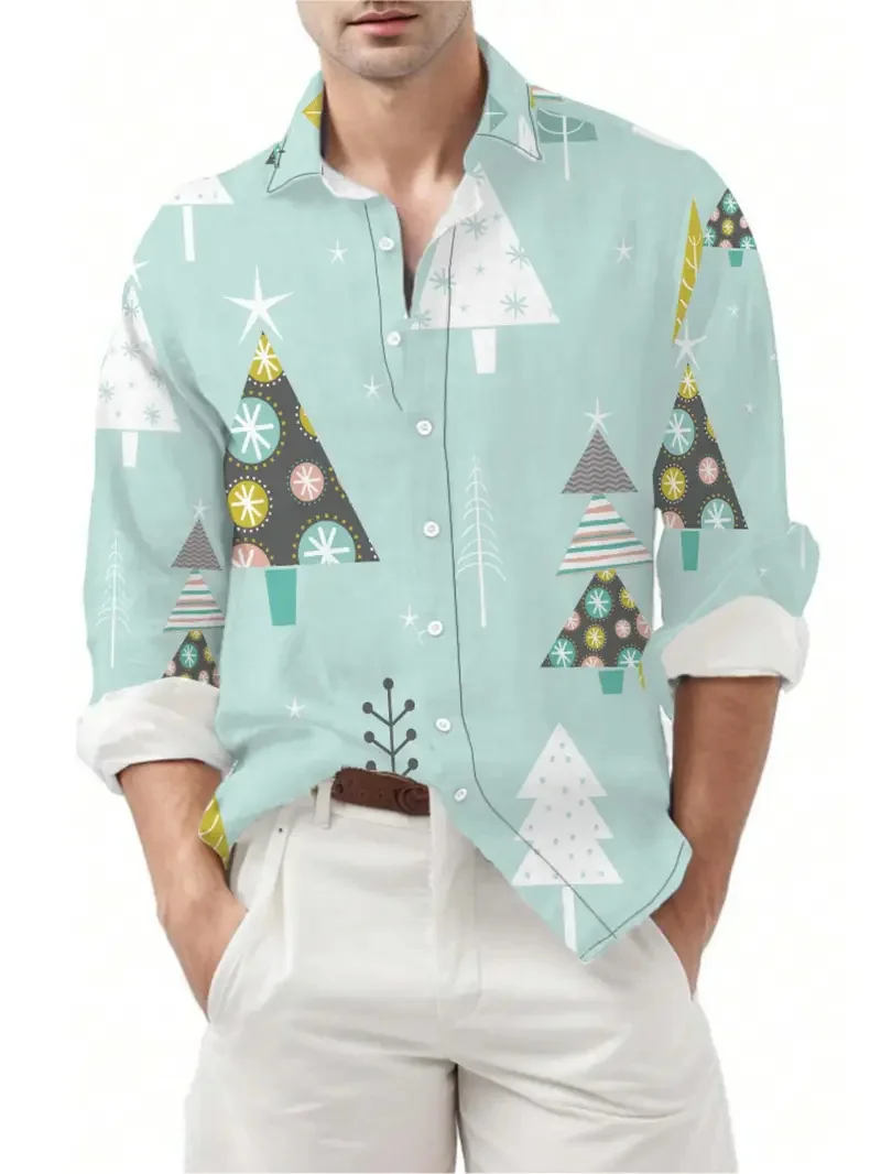 

3D printed Santa Claus Hawaiian shirt men's snowman cat pattern Aloha shirt casual loose long sleeved shirt lapel top