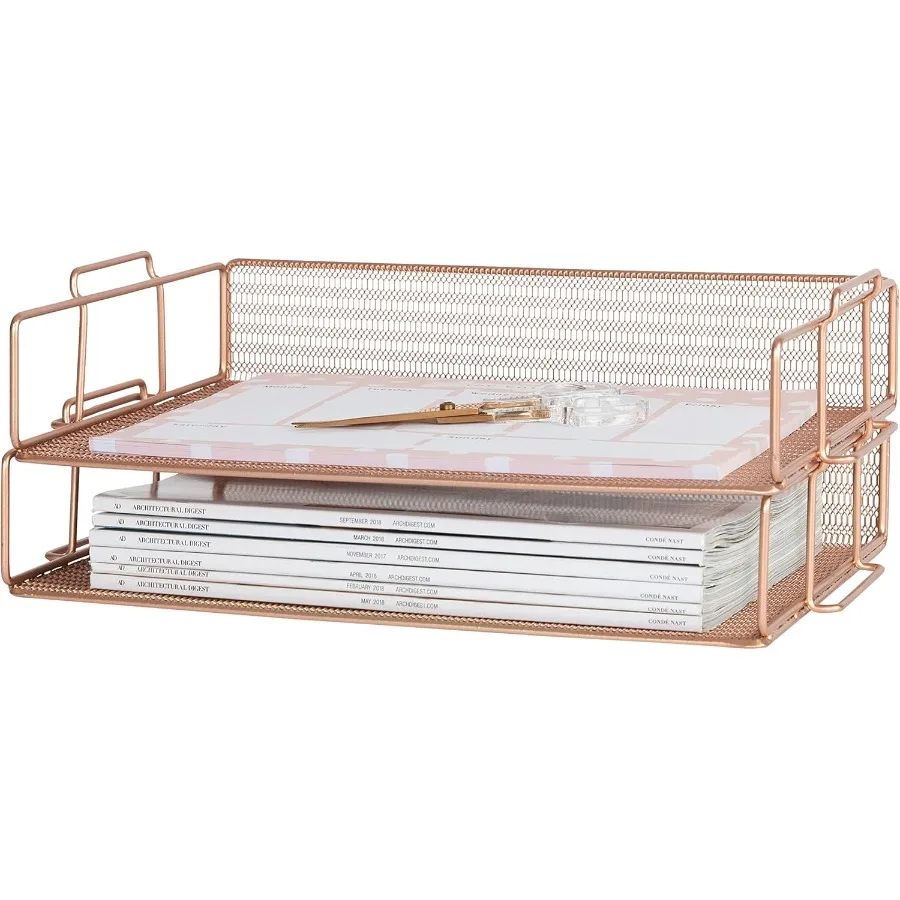 مجموعة صينية ورق شبكية باللون الذهبي الوردي مكونة من صينية حروف قابلة للتكديس للمكتب المنزلي والمدرسة ومنظم مكتب معدني متين مع أنيق #2