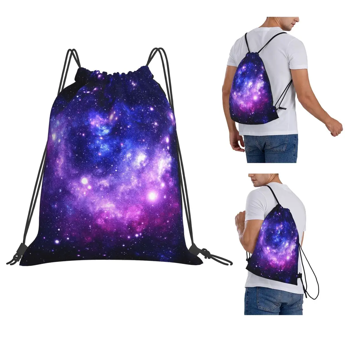 Purple Blue Galaxy Nebula Backpacks Portable Drawstring Bundle Pocket Sports Bag Book Bags for Travel School