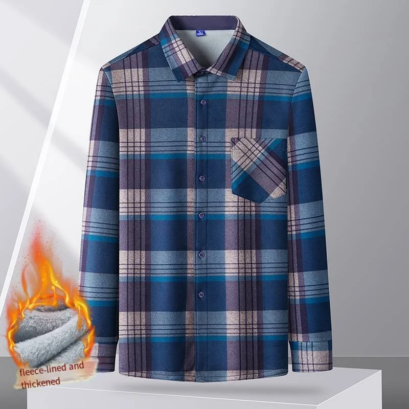 Autumn 2025 New Style Men's Fleece Lined Thickened Long Sleeve Shirt Pocket Shirt Luxury High-End Casual Comfortable Men's Wear