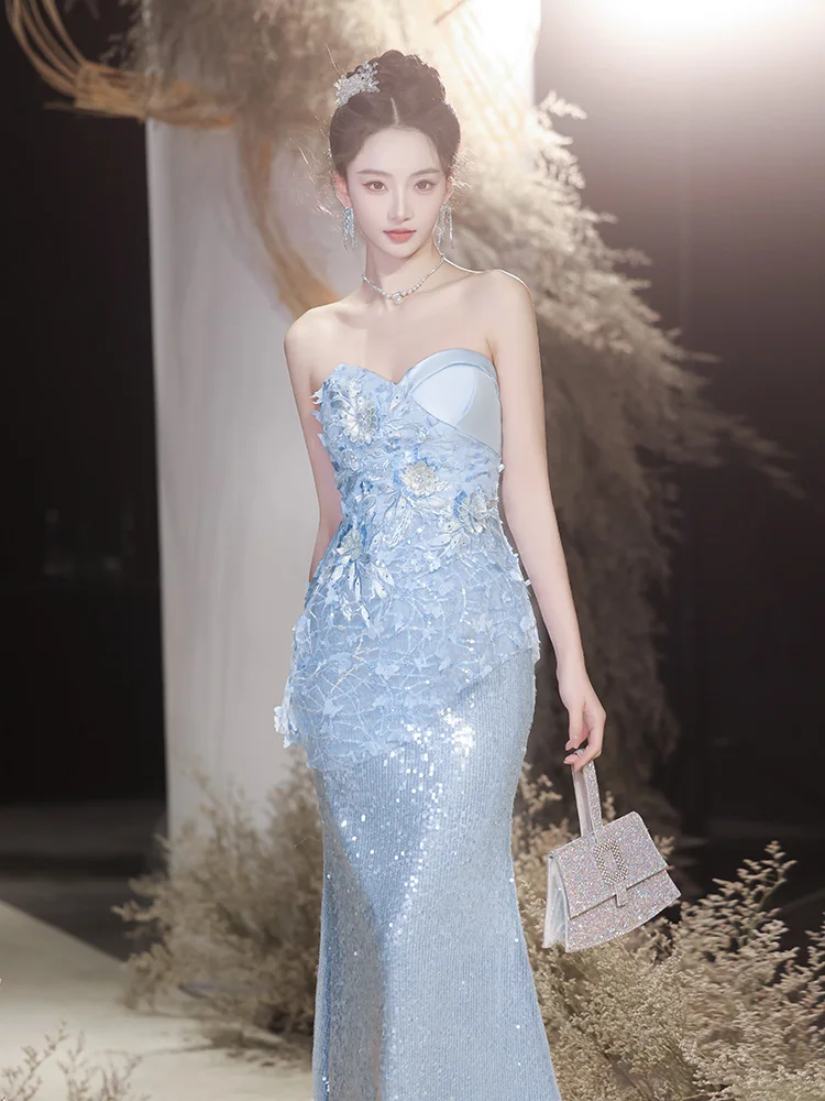

Blue Year End Dinner Par Gown 2025 New High-End Luxury Host Ball Gown with Strapl Fi Tail Design for Women