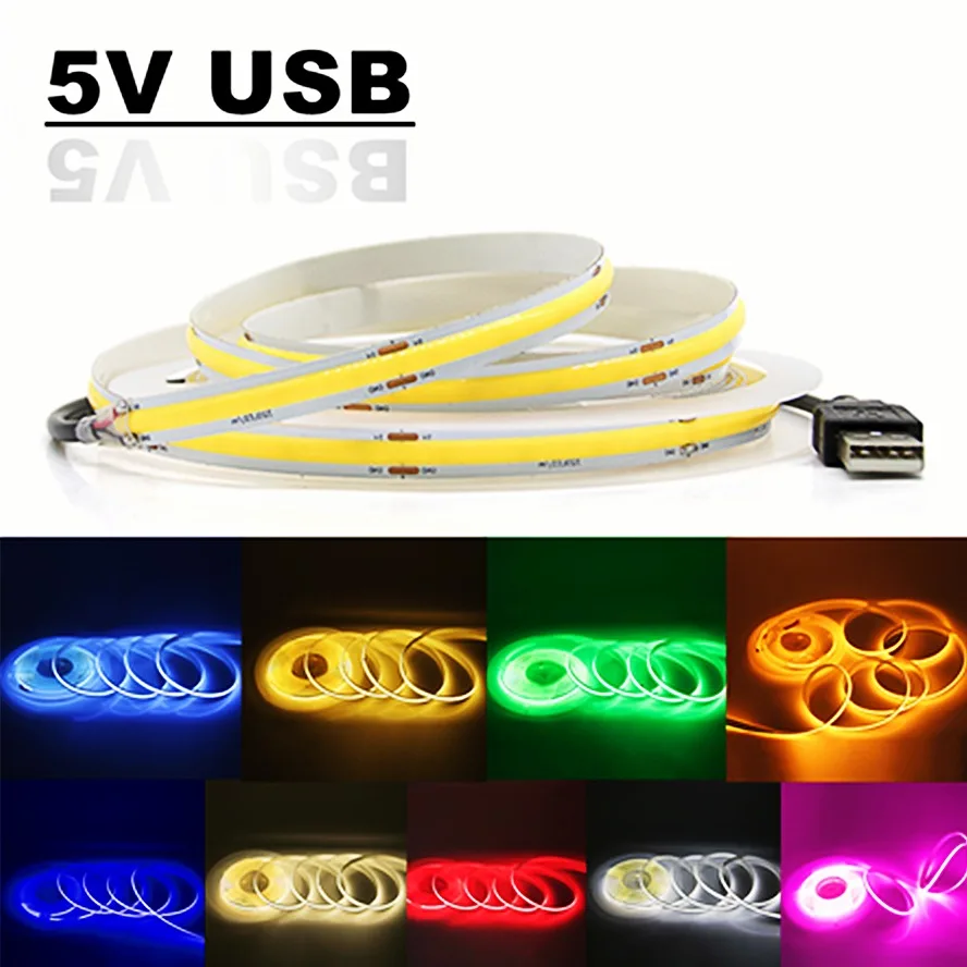 DC5V USB COB Strip 320Leds/M Flexible White/Red/Ice Blue/Yellow Cabinet Light Lamp TV Backlight Flexible Ribbon Rope LED Strip