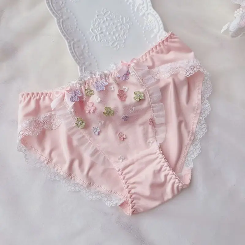 Women Milk Silk Soft Bow Underwear Elasticity Breathable Flowers Embroidery Cute Lovely Sweety Panties Princess Style Breifs