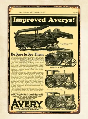 Avery Farm Machinery 1923 Tractor metal tin sign garage wall art