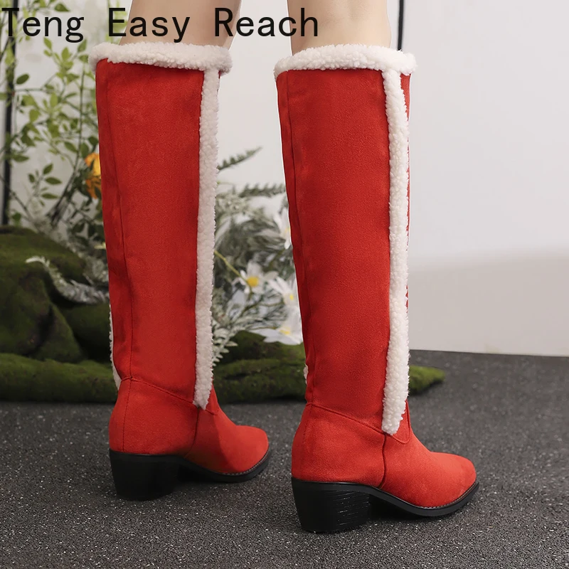 

Matte Velvet Material Lamb Wool Lining Color Blocked Women's Knee High Boots Thick Heel Plush Lining Winter New Snow Boots