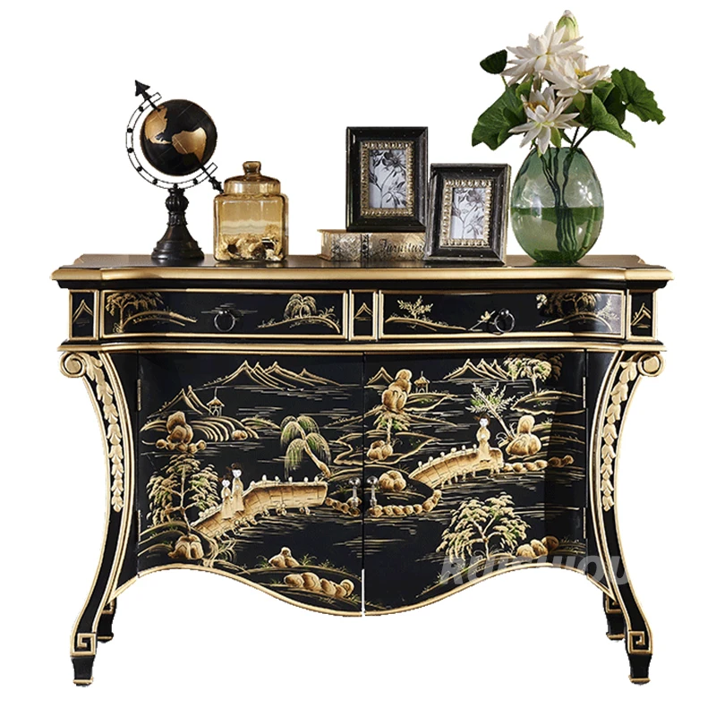 American Solid Wood Ming Qing Classical Corridor Cabinet Hand-Painted Luxury Sofa Sideboard Living Room Porch Club Cabinet