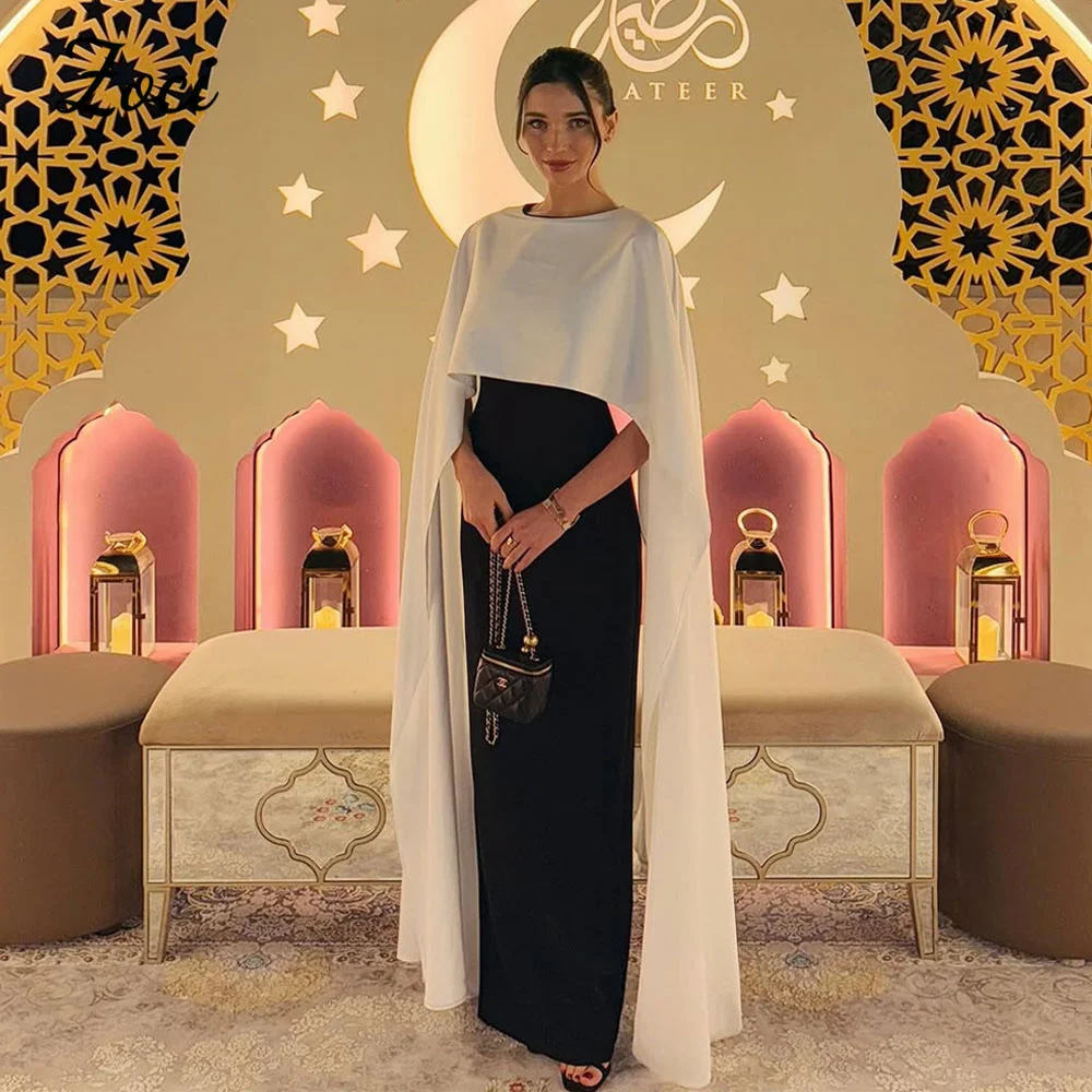 

Zoci Elegant Black White Mermaid Prom Dresses Customized Long Chiffon Cape Evening Prom Party Dress Women Special Occasion Gown