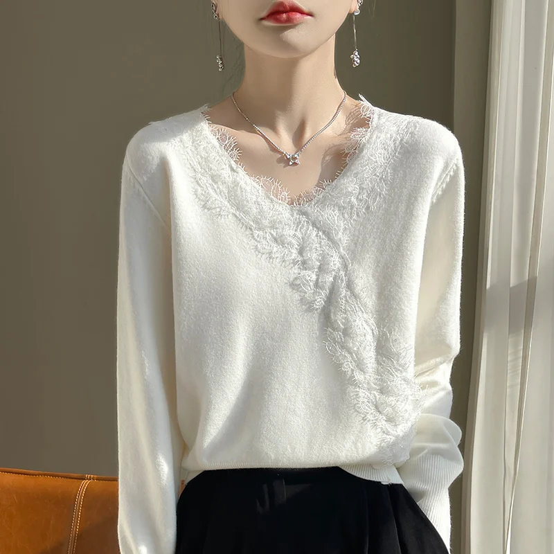 

Женские новые винтажные свободные шикарные осенние однотонные пуловеры, женские модные кружевные свитера с v-образным вырезом, темпераментные элегантные вязаные свитера M611