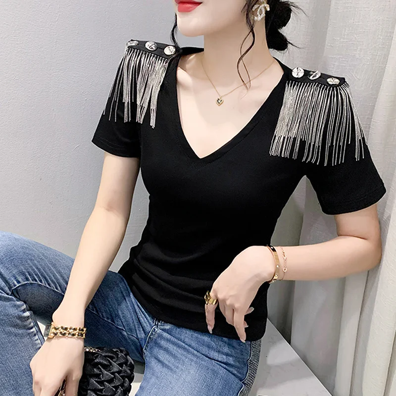 

#5658 Black Green White Office T Shirt Women Tassel Diamonds Stretch Cotton V-neck Slim Short T-shirt Female Short Sleeve Summer