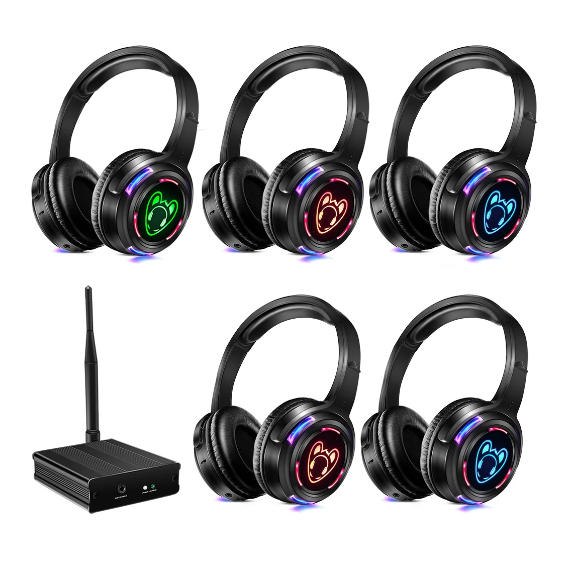 Silent Disco Compete System Black Led Wireless Headphones - Quiet Clubbing Party Bundles (5 Headsets + 1/2/3 Transmitters)