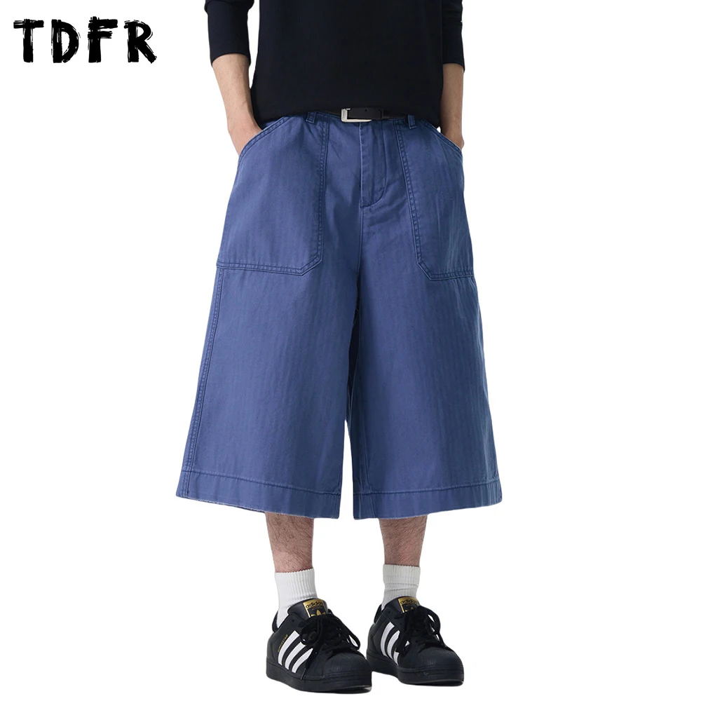 

Ripped Solid Color Cargo Shorts Mens Retro Washed Distressed Pocket Loose Wide Leg Cropped Trousers Men Short Pants