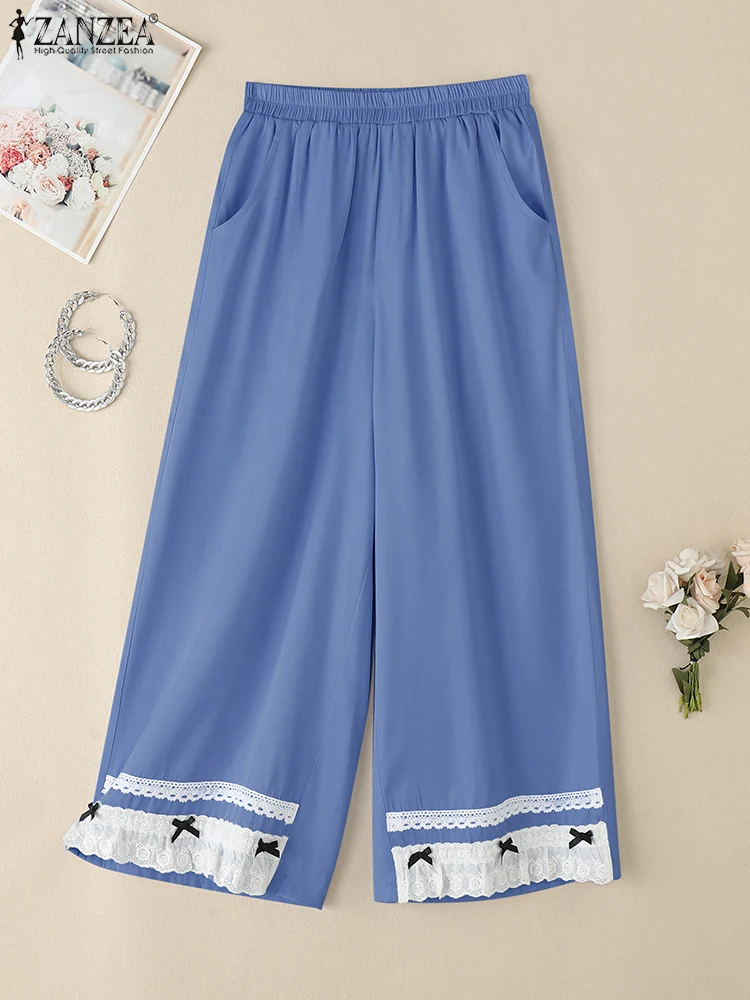 

ZANZEA Women's Fashion Wide Leg Pants Elastic Waist Casual Commute Solid Color Trousers Bow Detail Loose Lace Patchwork Pantalon