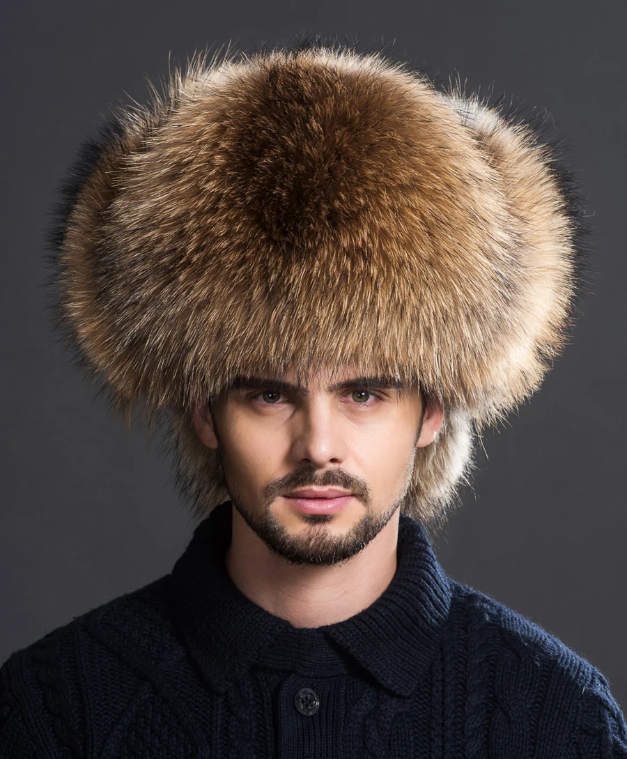 100% Real Fox Fur Hats Men Winter Russian Ushanka Aviator Trapper Caps Leather Top Warmer Earflap Winter Raccoon Fur Bomber Hats