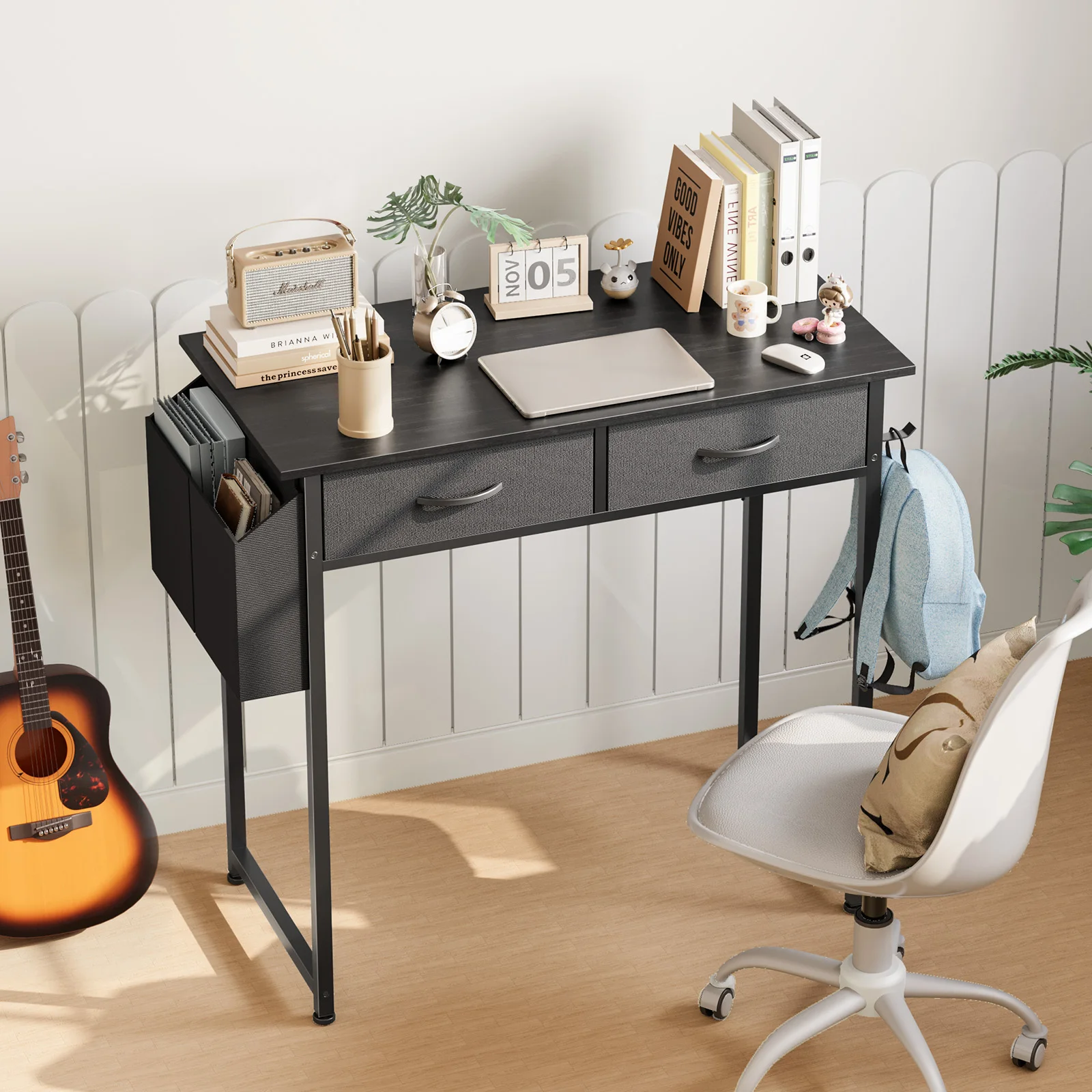 JHK 32 Inch Modern Office Computer Desk with Fabric Storage Drawers Space Side Bag Metal Frame