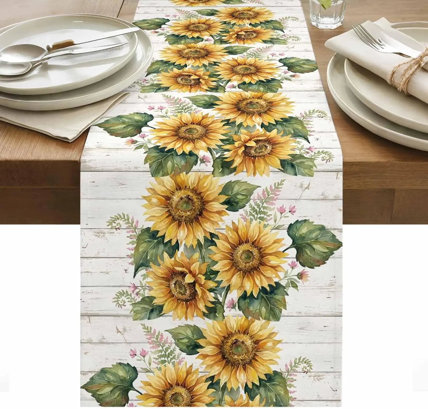 

Summer Sunflower Wood Grain Linen Table Runner Holiday Party Decor Reusable Kitchen Dining Table Runner Wedding Decorations