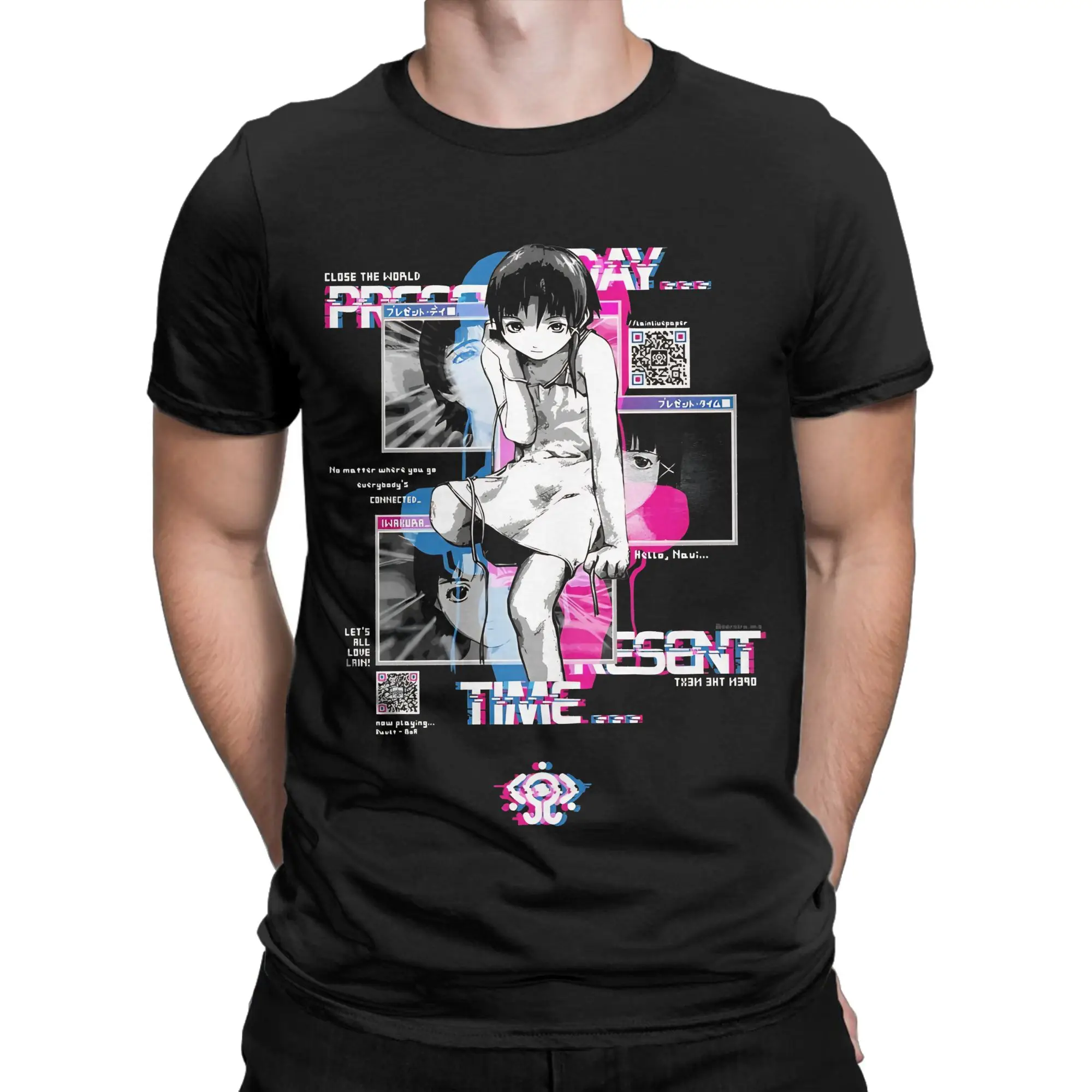 black short hair anime girl classicGraphic 100% Cotton T-Shirt Serial Experiments Lain Tops Tees For Men