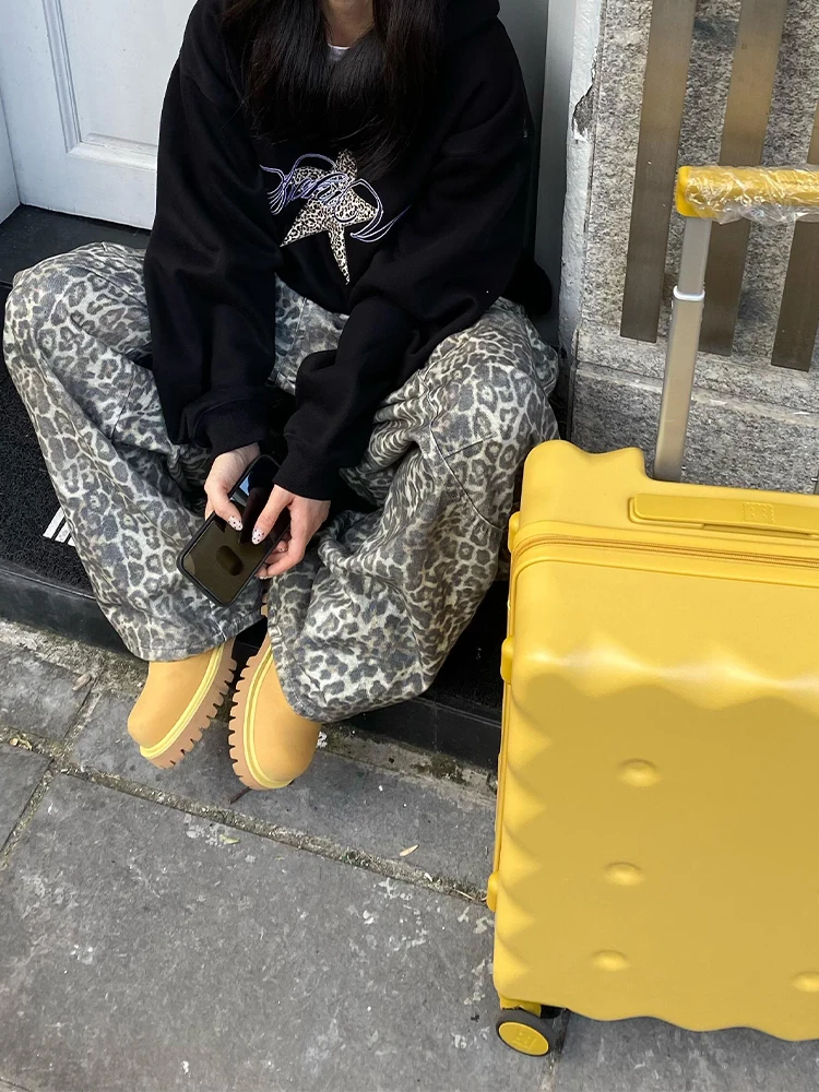 American Lazy Sle Small Size Leopard Print High Waist Wide Leg Jeans Women's Autumn Winter New Retro Loose Fit Trousers