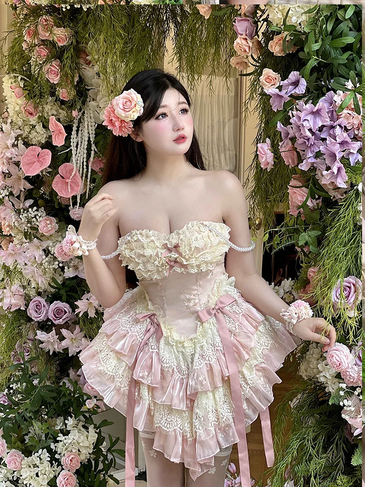 

New Original Japanese Harajuku Cool Girl Fashion Pink Dress Female Lolita Temperament Slim Sweet Kawaii Bow Lace Dress